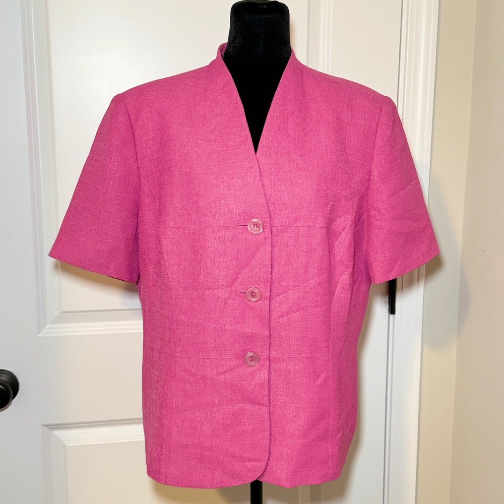 Le Suit Womens Pink Short Sleeve Button Front Lined Blazer Size 16 Chic Preppy